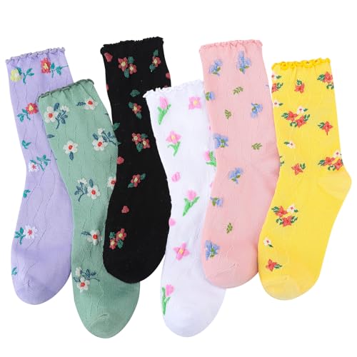 Image of 6 Pairs Women Ruffle Frilly Socks, Cute Floral Ankle Socks for Women Cotton Knit Casual Crew Sock Size 5-9