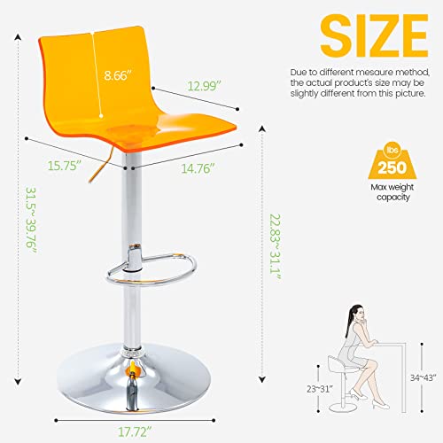 Brage Living Acrylic Bar Stools With Mid Back, Set Of 2, Transparent Adjustable Swivel Airlift Barstools, Counter Height Bar Chairs For Kitchen Dining Room Pub Cafe (Orange) #TOP2