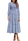 Zattcas Casual Puff Long Sleeve Floral Fall Dresses for Women 2026 Flowy Boho Smocked Tiered Modest Church Work Winter Maternity Wedding Guest Midi Dress Floral L
