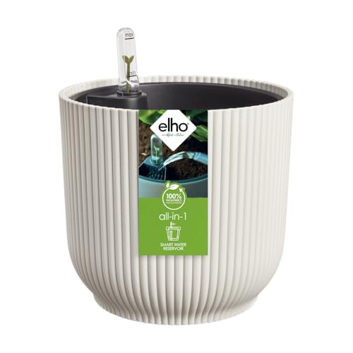 Elho All-in-1 Vibes Round 18 + Swi 17 - Vaso per Piante da Interno - 100% plastica riciclata - Ø 18 cm - Bianco/Linen White