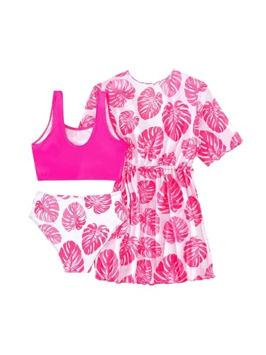 Milumia Girl's 3 Pieces Swimsuits Tropical Print Scoop Neck Bathing Suits with Kimono Cover Ups Hot Pink 9Y3