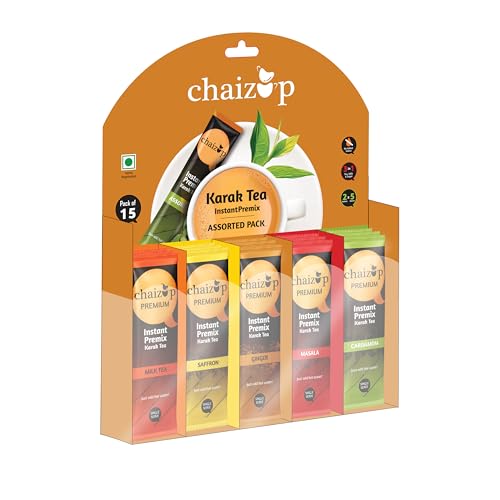 Image of Chaizup Premium 1 Min Instant Tea Premix - India's 1st Hanging Pack (15 Sachets, 5 Flavors) | Milk Tea, Saffron, Ginger, Masala, Cardamom | 15 Servings