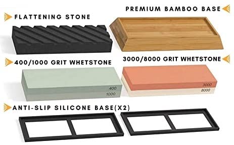 Kota Japan Combination Dual Sided Knife Sharpener Whetstone Set For Coarse Sharpening & Fine Polishing. Water Stone Kit | Adjustable Bamboo Holder Base | Precision Blade Guide (400-8000) #TOP2