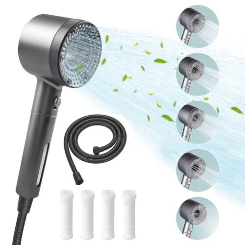 JAONLD Alcachofa de Ducha 5 Modos de Pulverización Alcachofa Ducha Con 4 Filtros y Manguera de 1,5m Filtro Ducha Botón parada con un Clic para Eliminar Agua Dura, Cloro Residual (Negro)
