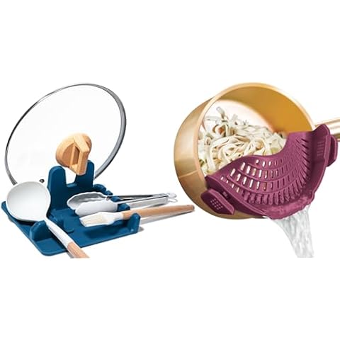 AUOON Clip On Pot Strainer and Pasta strainer and Silicone Utensil Rest,Pot lid holder with Drip Pad for Multiple Utensils,Dishwasher Safe,Heat ResistanSpoon,Rest for Stove Top,Kitchen Utensil Holder Cover
