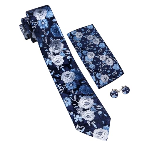 Image of Barry.Wang Flower Ties for Men Handkerchief Cufflinks Set Wedding Necktie Set Party