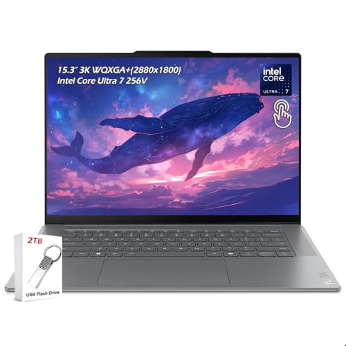 Image of Lenovo Yoga Slim 7i Aura Edition Copilot+ PC Laptop, 15.3 inch WUXGA 120Hz Touch, Intel Core Ultra 7 256V, 16GB LPDDR5X 1TB SSD, 5MP RGB+IR Cam Backlit KB Win11, Luna Grey, 2TB USB Drive, W /GaLiMu
