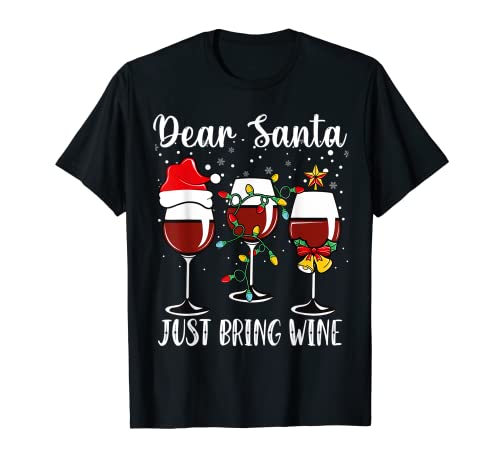 Dear Santa Just Bring Wine Leopard Christmas Lights Pijamas Camiseta