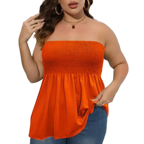 Comeon Plus Size Tube Top for Women Strapless Pleated Off The Shoulder Tops Solid Summer Casual Sleeveless Tunic Tank Top Stretch Sexy Blouse Tank (Orange,4XL)