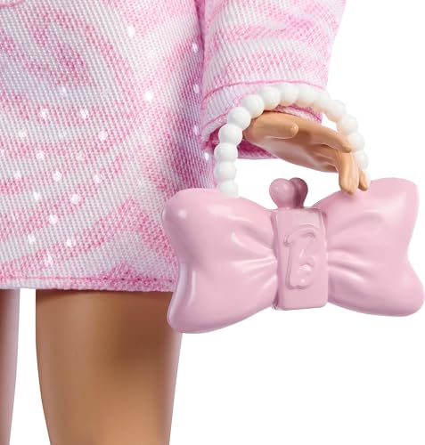 Image of Barbie Deluxe Style Doll #9 in Pink Denim Outfit, Blonde Hair, Matching Jacket and Skirt Set with Accessories Like Bow Clutch and Pearly Jewelry