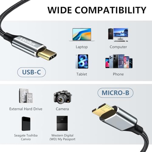 Image of Verilux 9.8Ft Micro B To USB C Hard Drive Cable, Nylon Braided High-Speed Charging & USB 3.0 /5Gbps Data Transfer for iPhone 17 /16 /15 Series, MacBook Pro /Air, iPad /Tablet, Galaxy S25 /S24, WD Seagate