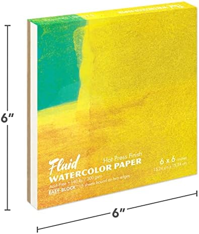 Fluid Watercolor Paper Block, 6 x 6 inches, 15 White Sheets, 140 lb (300 GSM) Hot Press Pad for Artist Painting and Wet Media - 1