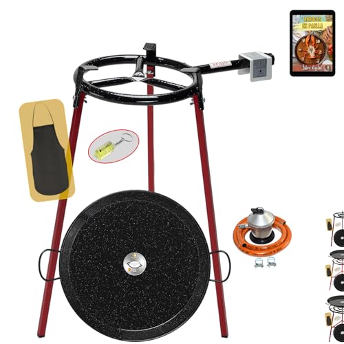 COMBOI Paellero gas butano 30 cm, paella Kit Quemador, paellera esmaltada de 42 cm, Regulador de gas, Manguera, Patas Soporte, nivel, delantal, Libro de Recetas digital