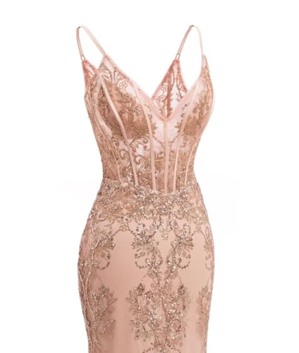 Raseal Women's Spaghetti Straps Tulle Prom Dresses Long Appliques Lace Glitter Mermaid Evening Party Dress RS0824