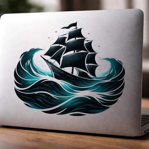 Abstract Ship Negative Space Sticker Wave Formation Black Teal High-Contrast Decal for Laptop Car Window Bumper Waterproof Truck AUTO Bottle