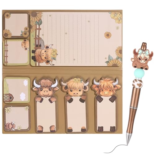 可愛いハイランド牛の付箋9点、ビーズ付きペン1本付き、誕生日プレゼント、学校、オフィスパーティーの記念品(ペン付き付箋(ミントグリーン))