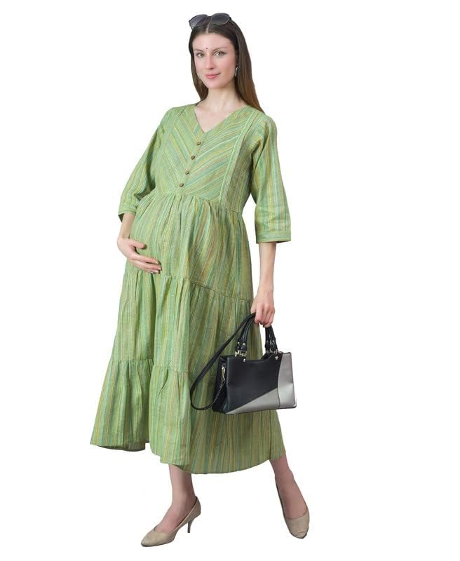 Negen Cotton Maternity Dress with Feeding Zip – Floral Nursing Gown – Pregnancy and Postpartum Wear