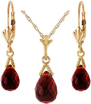 Galaxy Gold GG 14k Solid Gold Jewelry Set: Natural Briolette Garnet Pendant Necklace and Dangle Earrings