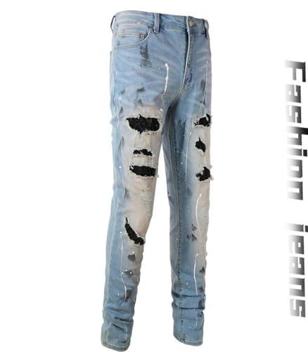 Jeans Pants Trousers Denim Trendy Street Hole Light Blue Grinding Fading Inlaid Zircon Shining Spray Graffiti Slim Fit Casual Small Straight Leg Men(Light Blue,31)4
