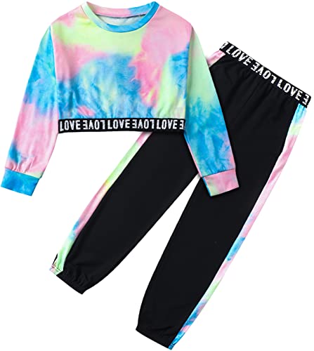 Image of Betusline Kids Clothes Girls, Trendy Tie Dye Print Long Sleeves Cropped Tops + Jogger Pants 2 Pcs Set Outfits for Teen Girl, Multicolored Black, 13-14 Years