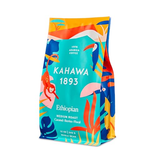 Kahawa 1893 Whole Bean Coffee Medium Roast Ethiopian Blend 12 Oz - As Seen on Shark Tank, High Antioxidants, Naturally Sweet, Organically Grown, Ethically & Sustainably Sourced