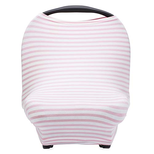 Image of Parker Baby 4 in 1 Car Seat Cover for Girls - Stretchy Carseat Canopy, Nursing Cover, Grocery Cart Cover, Infinity Scarf - Pink/White Stripes
