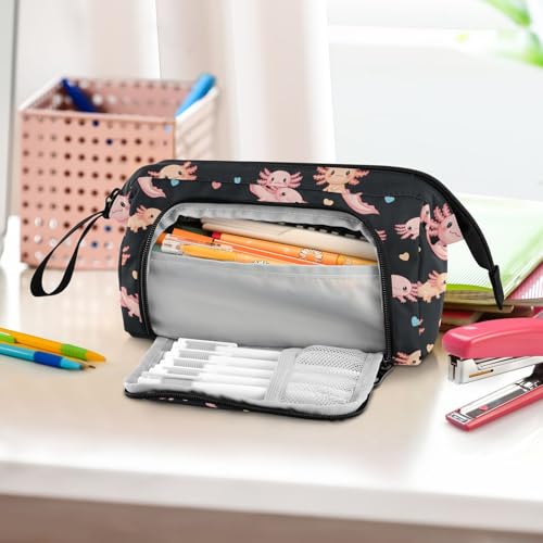 Image of Cute Axolotl Black Print Pencil Case Pouch Big Capacity Pencil Bag Box Organizer Pen Case with Compartmens Stationery Organizer for Girls Boys Women School College Office