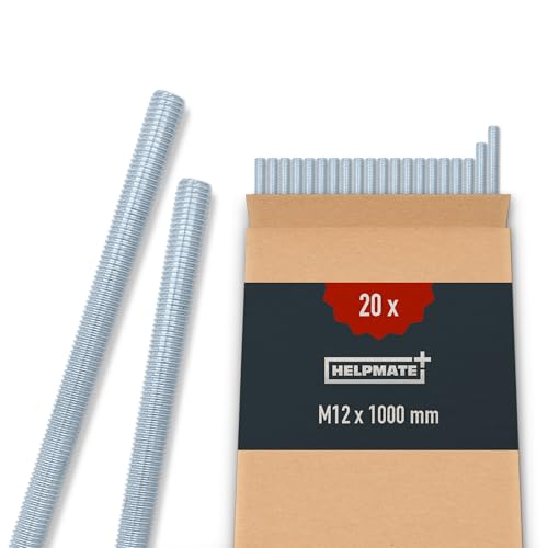 HELPMATE Tige filetée M12 x 1000 mm en acier galvanisé - Lot de 20 tiges filetées avec filetage métrique complet - Vis sans tête classe de résistance 4.8, DIN 976