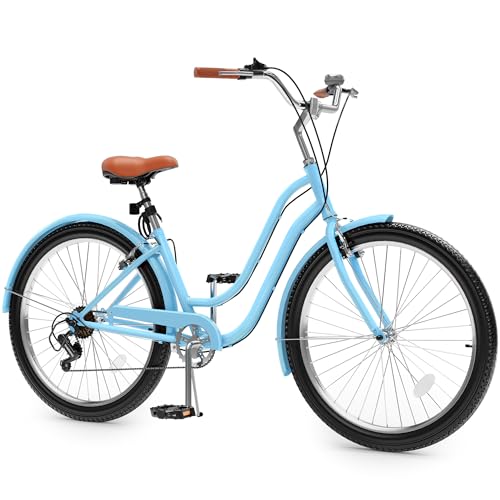 YITAHOME 24 Inch Beach Cruiser Bike 7 Speed Steel Frame Adult Women & Men | Commute Bike, Step-Through Bicycle, Cruiser Bike, Full Front & Rear Fenders, Blue