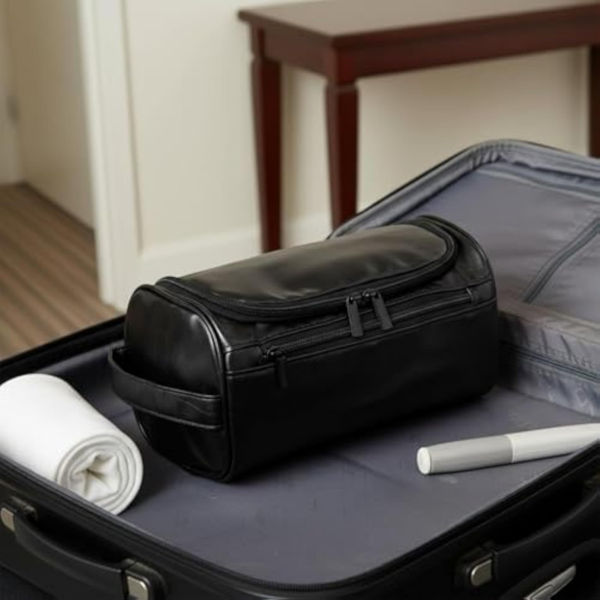Multi-Compartment Hanging Toiletry Bag for Travel, PU Leather Wash Bag