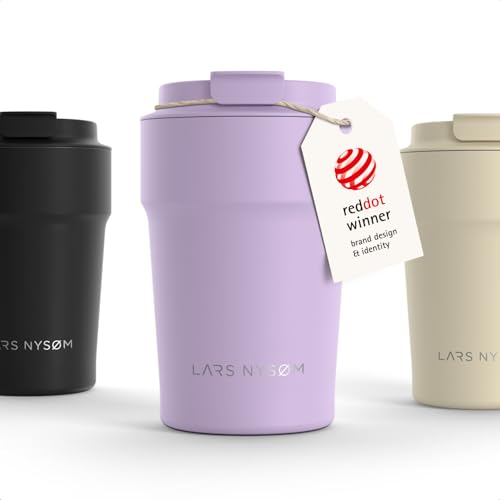 Image of LARS NYSOM Thermo Coffee Mug to go 13oz | Travel Mug 0.38 Liter with Insulation | Silicone grip base | Leak Proof Stainless Steel Tumbler for Coffee and Tea on the Go (Powder Purple, 13oz)