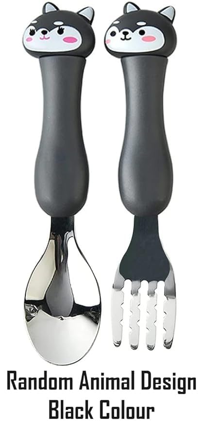 Image of Bekner Kids Cutlery Set, Stainless Steel Spoon and Fork with Animal Design Handles, 14.7 cm, Multicolor, Pack of 2 (Black)