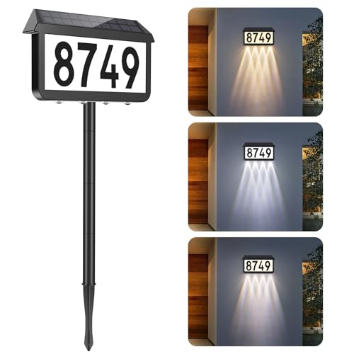 Brightever Solar Address Signs, House Number for Outside Waterproof, 3-Color LED Illuminated Address Plaques with Stake, Wall Mounted Solar Powered Light Up Address Numbers for Houses, 1-Pack