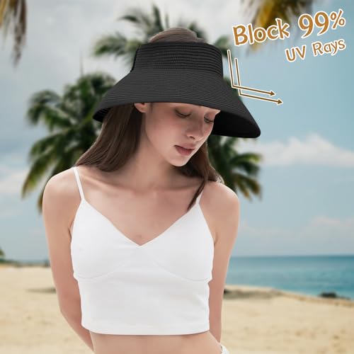 Image of Summer Straw Beach Sun Visor Ponytail Hats for Women Foldable Floppy