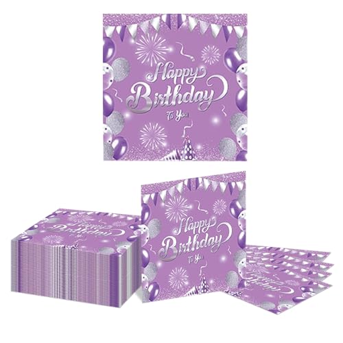 GlamRays Lot de 40 Serviettes Joyeux Anniversaire thème Violet et Argent, Serviettes en Papier jetables pour dîner, Pique-Nique, Cocktail, décorations de...