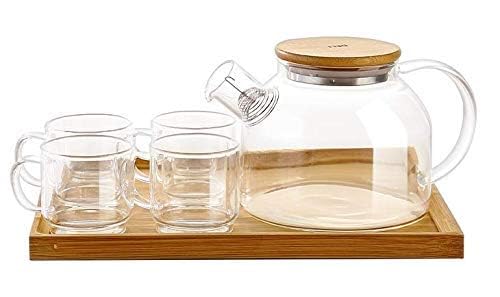 Image of Glass Kettle 1 Teapot Bamboo Lid with 1 Wooden Tray and 4 Tea Cup Tableware Serving Set Heat-Resistant Glass Hot Water Flower Brewed Loose Leaf Tea Filter Spout- Set of 6