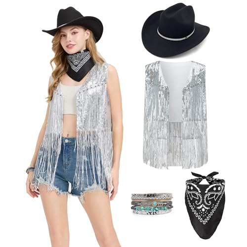 Changchupsem Western Cowgirl Costume for Women Cowboy Tassel Vest for Women Outfit with Hat Bandana Necklace (Silvery Medium)
