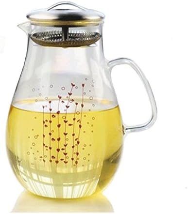 64 Oz Large Waterplant Pattern Heat Resistant Borosilicate Water Pitcher with Stainless Steel Lid, Hot or Cold Water Jug glass carafe with Lid Stove-top Safe