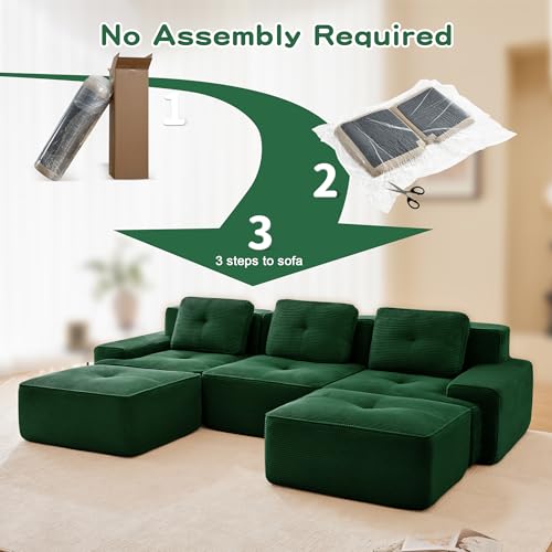Image of 117 inch U-Shaped 3-Seater Modular Boneless Couch with 2 Ottomans, Cozy Corduroy Upholstery, Deep Seat Cloud sectional Sofa, No Assembly Anti-Slip Stable Design, Green