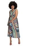 ärmellos Ulla Popken Damen große Größen Übergrößen Plus Size Maxikleid, Slinky, Grafik Print, V-Ausschnitt, ärmellos Navy Multi 46+ 815983904-46+
