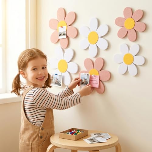 Image of Climberty 6PCS Flower Felt Bulletin Board Set with 50 Push Pins, Daisy Pin Board Wall Tiles in 3 Sizes for Photo Display, Notes, Memo Organizer, Bedroom Nursery Office Decor