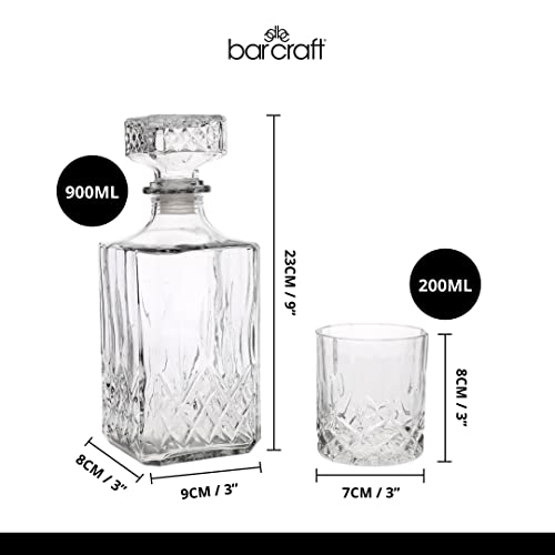 Image of BarCraft Premium Whisky Decanter & Glass Gift Set for thinKitchen - 5 Piece Cut-Glass Tumbler Set for Bourbon & Scotch, 900ml Decanter + 4 Glasses