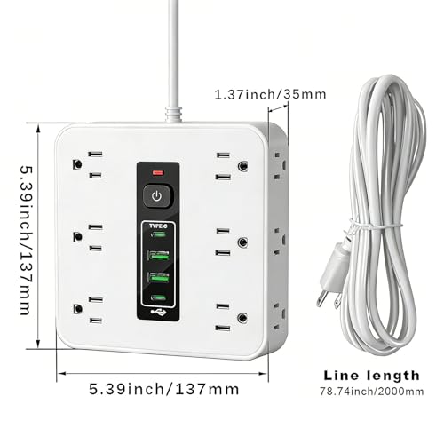 Diyeeni Protector eléctrico 16 en 1 con 12 tomas, 2 puertos USB C y 2 USB A, cable de 2 m miniatura 5