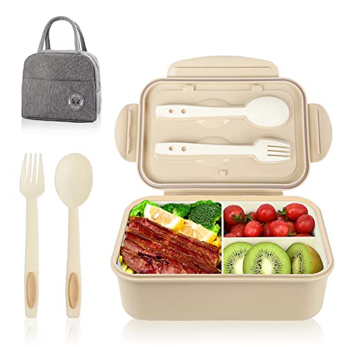 ZAKAZAKA Bento Lunch Box Boîte à lunch avec 3 compartiments et couverts (fourchette et cuillère) Boîte à lunch 1400ML, résistant au micro-ondes-Kaki Cover
