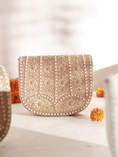 Image of THE TAN CLAN Kavya Beige Flap Over Bag Clutch Purses Luxury Evening Handbags with Handle