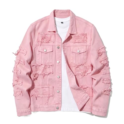 Image of Men's Denim Jacket Patchwork Fringe Jacket Slim Jean Jacket Streetwear Coat