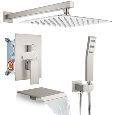 gotonovo 10'' Rain Shower Faucet System Rainfall Shower Head with Handheld Sprayer Waterfall Tub Spout Wall Mounted Mixer Combo Rough-in Valve and Trim Included 5.7 Inch Wide Spout Brushed Nickel