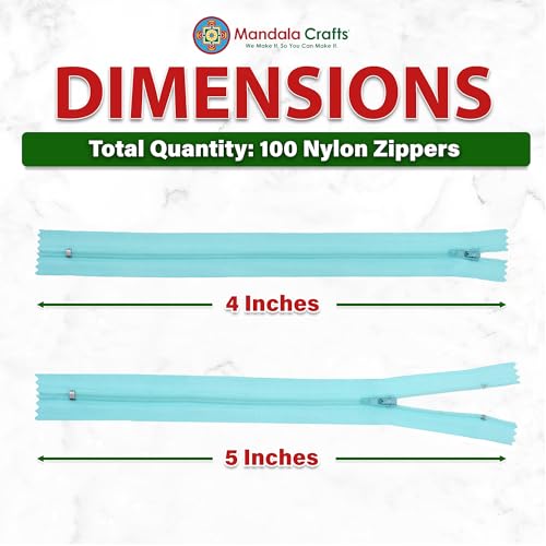 Image of Mandala Crafts 100 PCs Turquoise Closed-End 4 Inch Nylon Zippers for Sewing