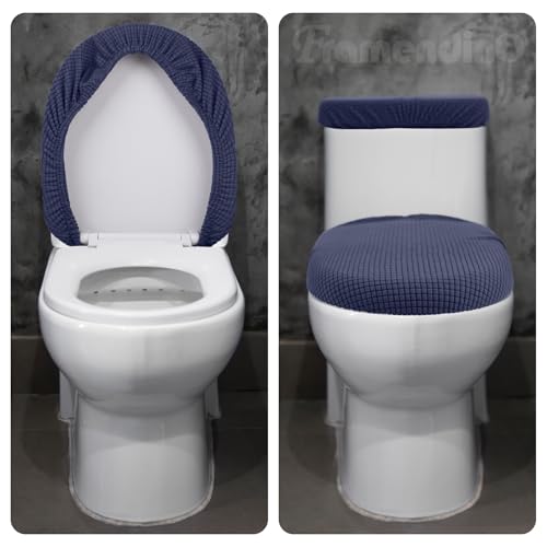 Framendino, Navy Blue Toilet Lid Cover and Tank Cover Stretch Toilet Covers Set With Elastic Bottom for Bathroom Decor
