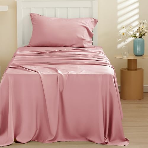 Image of Bedsure Cooling Sheets Twin, Rayon Derived from Bamboo, PureWoven, Breathable & Soft Twin Sheets Set, Deep Pocket Up to 16 Inches, Hotel Luxury Silky Bedding for Hot Sleepers, Blush Pink
